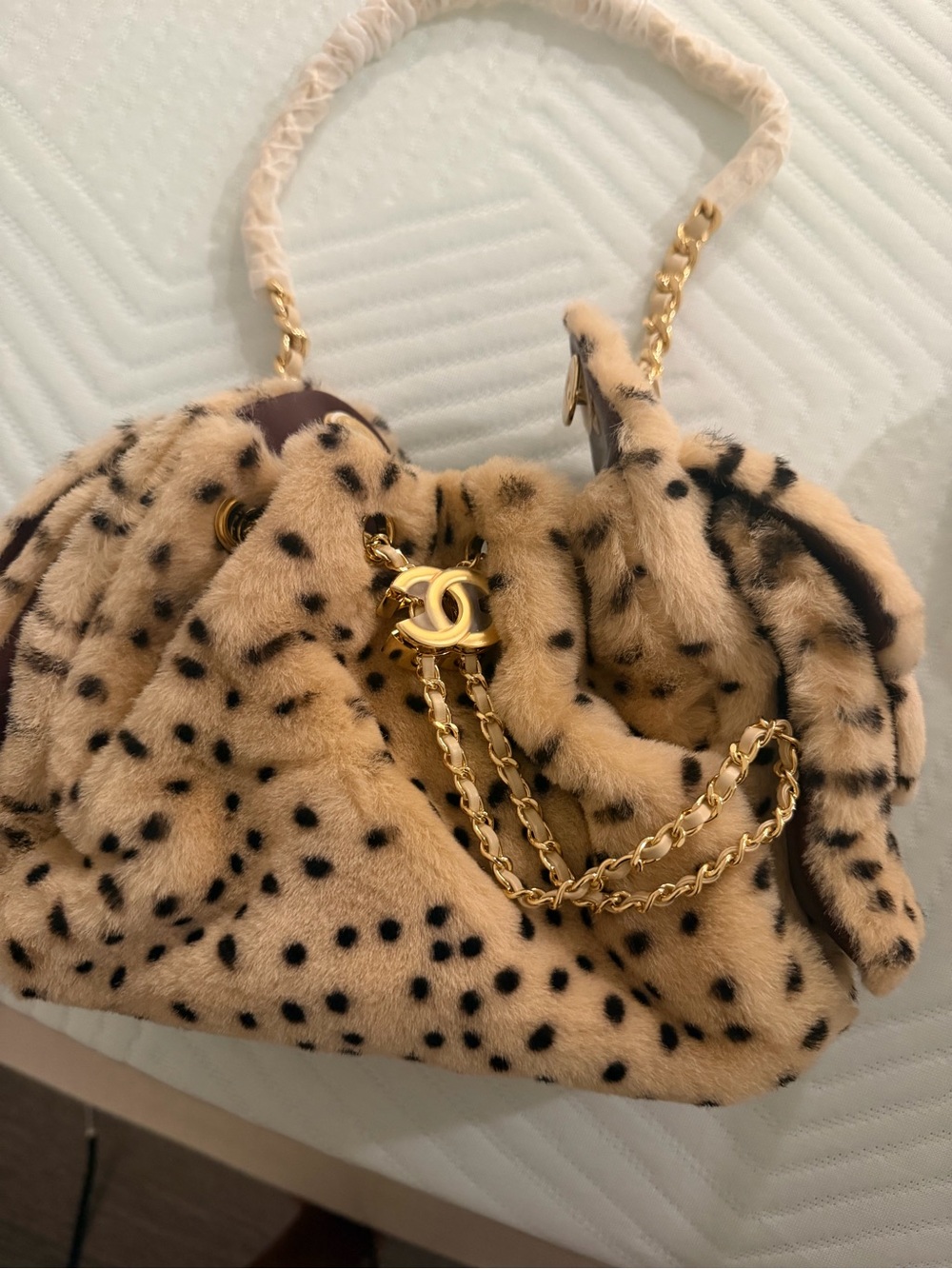 Others Follow Beige and Black Faux Fur Shoulder Bag with Gold Chain